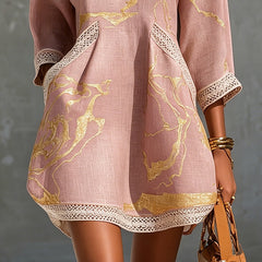 Pink Gold Printed V-neck Mini Dress