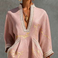 Pink Gold Printed V-neck Mini Dress
