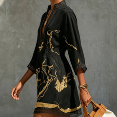 Black Gold Printed V-neck Mini Dress