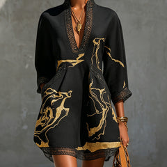 Black Gold Printed V-neck Mini Dress