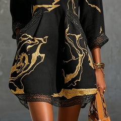 Black Gold Printed V-neck Mini Dress