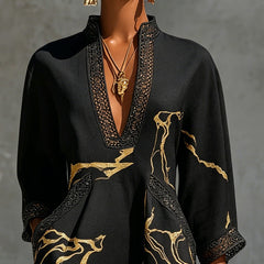 Black Gold Printed V-neck Mini Dress