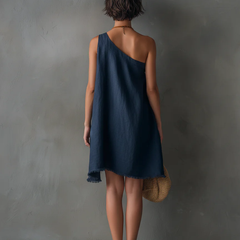 Navy Blue One-shoulder Sleeveless Frayed Mini Dress