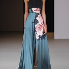 Janelle™ | Black Slit Floral Classic Crew Neck Sleeveless A-Line Maxi Dress