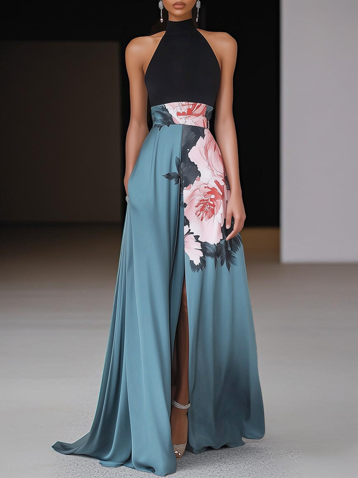 Janelle™ | Black Slit Floral Classic Crew Neck Sleeveless A-Line Maxi Dress