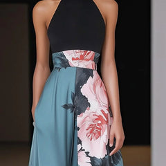 Janelle™ | Black Slit Floral Classic Crew Neck Sleeveless A-Line Maxi Dress