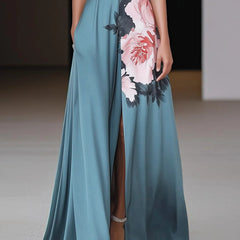 Janelle™ | Black Slit Floral Classic Crew Neck Sleeveless A-Line Maxi Dress