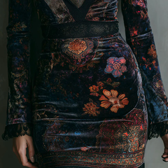 Floral Print V-neck Velvet Lace Trim Slim-fit Mini Dress