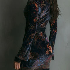 Floral Print V-neck Velvet Lace Trim Slim-fit Mini Dress