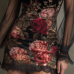 Rose Print Tulle Lace Trim Mini Dress