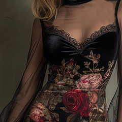 Rose Print Tulle Lace Trim Mini Dress