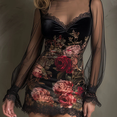 Rose Print Tulle Lace Trim Mini Dress