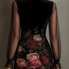 Rose Print Tulle Lace Trim Mini Dress
