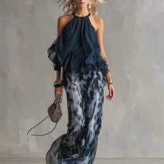 Ludovica | Stylish Navy Halter Top and Wide-Leg Printed Set