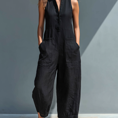 Sleeveless Jumpsuit for Women with High Collar and Buttons