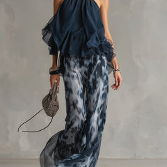 Ludovica | Stylish Navy Halter Top and Wide-Leg Printed Set