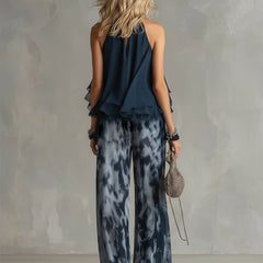 Ludovica | Stylish Navy Halter Top and Wide-Leg Printed Set