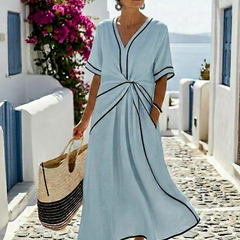 Linnea | V Neck Short Sleeve Gathered Waist Midi Dress