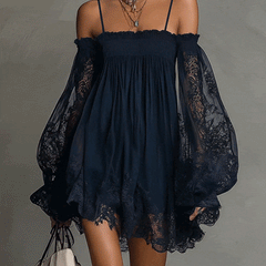 Noemi | Mini dress in navy blue chiffon with off-the-shoulder neckline, lace trim, and sheer sleeves