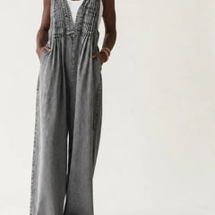 Griselda | Pleated Wide-Leg Denim Jumpsuit