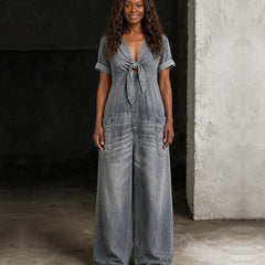 Brianna | Short V-Neck Short Sleeve Denim Overall