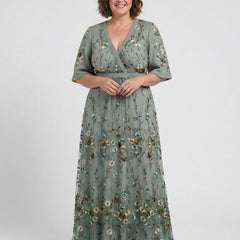 Evadne | Floral V Neck Short Sleeve Maxi Dress