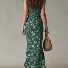 Zara | Bohemian Floral Ruched Maxi Dress with Side Slit