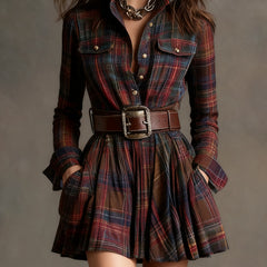 Vintage Lapel Red and Brown Plaid Mini Dress(includes belt)