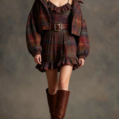 Vintage Plaid Ruffle Mini Dress and Loose Jacket Set（Includes belt）