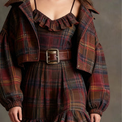 Vintage Plaid Ruffle Mini Dress and Loose Jacket Set（Includes belt）