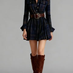 Vintage Lapel Red and Brown Plaid Mini Dress(includes belt)