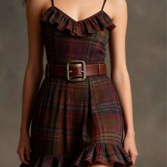 Vintage Plaid Ruffle Mini Dress and Loose Jacket Set（Includes belt）