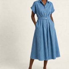 Albane | Button-Front Belted Denim Midi Dress