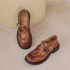 Rosie | Women's Leather T-Strap Mary Jane Shoes Brogue Block Heel