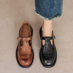 Rosie | Women's Leather T-Strap Mary Jane Shoes Brogue Block Heel