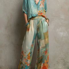 Chiara – Elegant Floral Print Set with Wide-Leg Trousers