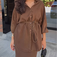 Lisa™ | Long-sleeved Tie-Drawstring Shirt and Skirt Set