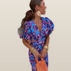 Loren | Vibrant Midi Dress with Puff Sleeves